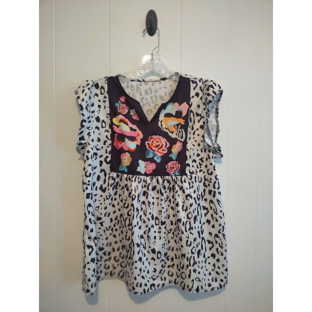 Women's White Leopard Print Floral Flowy Blouse Size XL